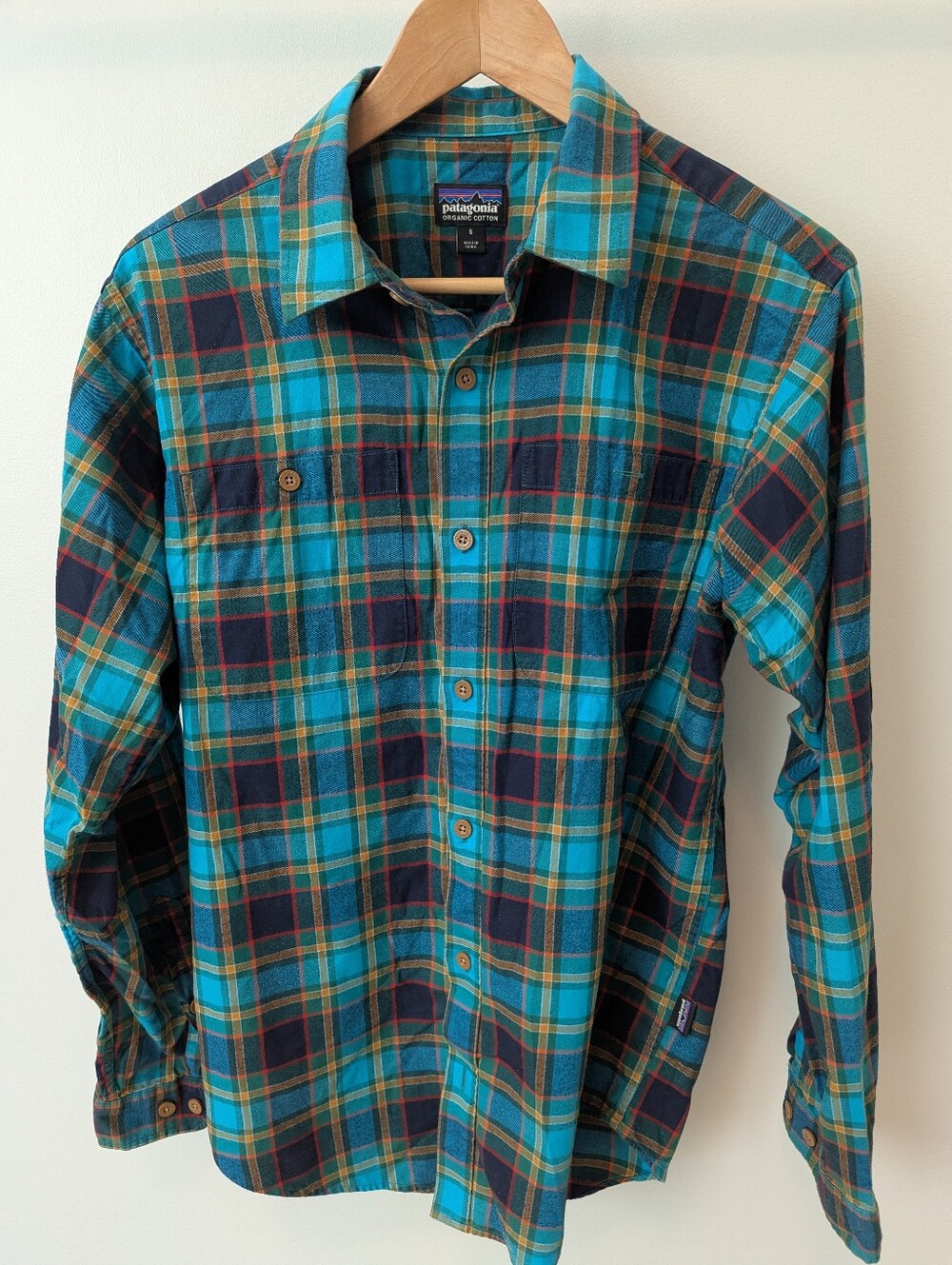 Patagonia Teal and Navy Plaid Button-Down Shirt